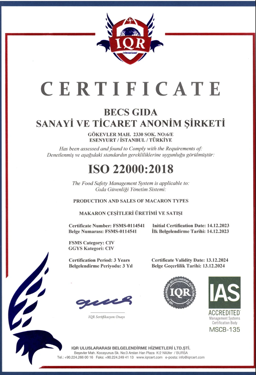 ISO 22000:2018 sertifikası — tıklayınca büyür
